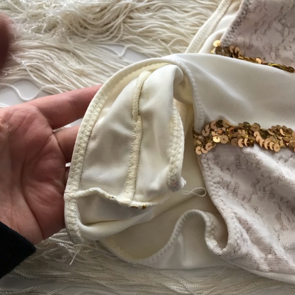 Vintage Fringe Back Bodysuit Sequin White Lace S - Picture 9 of 10